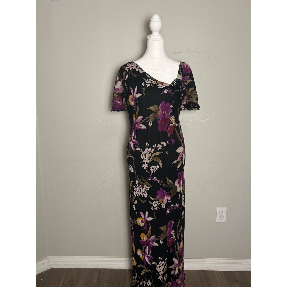 Adrianna Papell 100% Silk Floral Maxi Dress Dark Romantic Wedding Elegant Garden - Picture 2 of 8